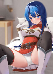 Rule 34 | 1girl, absurdres, ai-assisted, akinoji (akiponpon27), armor, bed, belt, blue eyes, blue hair, blush, boots, breasts, caeda (fire emblem), dress, fire emblem, fire emblem: mystery of the emblem, fire emblem: shadow dragon and the blade of light, frilled skirt, frills, furrowed brow, hair ornament, highres, holding, holding pillow, indoors, lamp, long hair, looking at viewer, lying, m legs, medium breasts, nightstand, nintendo, on back, on bed, panties, pegasus knight uniform (fire emblem), pillow, skirt, solo, spread legs, taut clothes, thighhighs, thighs, tight clothes, underwear, upskirt, white panties, zettai ryouiki