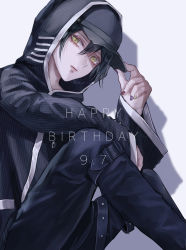 Rule 34 | 1boy, black hair, black headwear, black jacket, black pants, closed mouth, commentary request, danganronpa (series), danganronpa v3: killing harmony, dated, feet out of frame, grey background, hair between eyes, happy birthday, hood, hood up, jacket, long sleeves, looking at viewer, male focus, multicolored nails, nail polish, pants, saihara shuichi, short hair, simple background, sitting, solo, striped clothes, striped jacket, watermark, z-epto (chat-noir86)