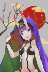 Rule 34 | 1girl, bare arms, bare shoulders, branch, breasts, breasts apart, cherry blossoms, egasumi, eyelashes, eyeshadow, fate/grand order, fate (series), forehead jewel, gradient horns, hand up, head tilt, high collar, highres, horns, looking at viewer, makeup, midriff, multicolored horns, navel, no nose, purple eyes, purple hair, red eyeshadow, red horns, revealing clothes, rising sun flag, short eyebrows, shuten douji (fate), sitting, skin-covered horns, small breasts, solo, stomach, sunburst, thick eyebrows