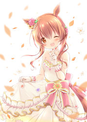 Rule 34 | 1girl, ;d, animal ears, bare shoulders, blush, bow, breasts, brown eyes, brown hair, commentary request, dress, flower, gloves, hair between eyes, hair flower, hair ornament, hair up, hand up, head tilt, highres, horse ears, horse girl, horse tail, index finger raised, mayano top gun (sunlight bouquet) (umamusume), mayano top gun (umamusume), nanase miori, one eye closed, open mouth, petals, pink bow, pink flower, pink rose, rose, sidelocks, small breasts, smile, solo, strapless, strapless dress, sunflower, sunflower hair ornament, tail, umamusume, white background, white dress, white flower, white gloves, yellow flower