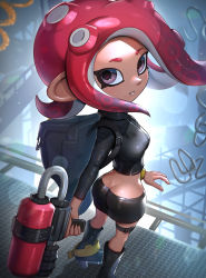 Rule 34 | 1girl, absurdres, agent 8 (splatoon), ass, bike shorts, breasts, butt crack, duplicate, from above, from behind, gonzarez, highres, looking at viewer, looking back, looking up, medium breasts, nintendo, octoling, octoling girl, octoling player character, parted lips, purple eyes, shiny clothes, shiny skin, sideboob, solo, splatoon (series), thigh strap