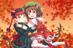 Rule 34 | 2girls, adapted costume, alternate headwear, animal ears, ankle boots, argyle, argyle bow, argyle clothes, autumn, autumn leaves, beret, black footwear, black legwear, bloomers, blush, boots, bow, braid, branch, brown hair, cat ears, cat tail, chen, commentary request, cross-laced footwear, dress, earrings, extra ears, fang, floral print, green dress, hair bow, hair ribbon, hairband, hand on another&#039;s cheek, hand on another&#039;s face, hand on another&#039;s shoulder, hat, jewelry, juliet sleeves, kaenbyou rin, kneeling, leaf, lolita hairband, long sleeves, looking at viewer, maple leaf, mary janes, multiple girls, multiple tails, open mouth, orange sky, outdoors, pantyhose, petticoat, pointy ears, puffy sleeves, red eyes, red footwear, red hair, red skirt, red vest, ribbon, sash, shirt, shoes, short hair, single earring, sitting, skirt, sky, smile, tail, tail bow, tail ornament, thighhighs, tomo takino, touhou, tress ribbon, twin braids, underwear, vest, white legwear, white shirt, yuri