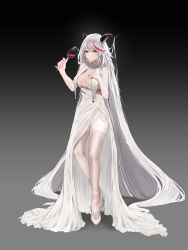 Rule 34 | 1girl, absurdly long hair, absurdres, aegir (azur lane), alcohol, azur lane, breast curtains, breasts, bride, cosplay, cross, cross earrings, cup, demon horns, dress, drinking glass, earrings, full body, garter straps, gradient background, grey background, hair between eyes, hair on horn, hair ornament, hand on own chest, high heels, highres, holding, holding cup, horns, jewelry, large breasts, long hair, multicolored hair, red hair, see-through, sleeveless, sleeveless dress, solo, streaked hair, taihou (azur lane), taihou (azur lane) (cosplay), taihou (temptation on the sea breeze) (azur lane), thighhighs, turboflower, two-tone hair, very long hair, wedding dress, white dress, white footwear, white garter straps, white hair, white thighhighs, wine, wine glass, yellow eyes