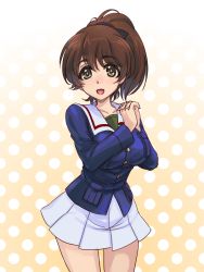 Rule 34 | 10s, 1girl, brown eyes, brown hair, girls und panzer, hair ribbon, jacket, koyama yuzu, looking at viewer, military, military uniform, miniskirt, open mouth, own hands clasped, own hands together, pleated skirt, polka dot, polka dot background, ponytail, ribbon, shinmai (kyata), short hair, skirt, smile, solo, standing, uniform