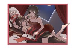 Rule 34 | bang dream!, bang dream! it&#039;s mygo!!!!!, barefoot, bed, black camisole, black thighhighs, blue eyes, blush, bound, bound wrists, breasts, brown hair, camisole, canopy bed, chinese commentary, cleavage, closed mouth, commentary request, commission, curtains, garter straps, hand on another&#039;s stomach, highres, indoors, leg up, long hair, lying, medium breasts, moon, night, on back, on bed, parted lips, pillow, purple eyes, red camisole, second-party source, shiina taki, smile, thighhighs, tsumalan, yahata umiri, yuri