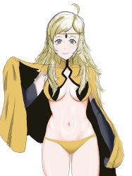 Rule 34 | ahoge, blonde hair, breasts, cape, circlet, closed mouth, fee (oskna1), fire emblem, fire emblem fates, highres, long hair, looking at viewer, medium breasts, navel, nintendo, ophelia (fire emblem), panties, parted bangs, solo, turtleneck, underwear, upper body, yellow panties