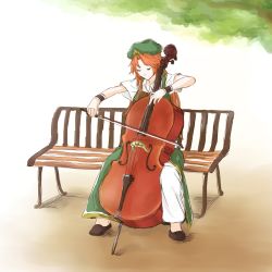 Rule 34 | 1girl, bad id, bad pixiv id, bench, bow (music), braid, cello, chinese clothes, collared shirt, flat cap, full body, green eyes, half-closed eyes, hat, hong meiling, instrument, long hair, looking down, mitsu (mitu ll), outdoors, pants, park bench, red hair, shirt, shoes, short sleeves, sketch, smile, solo, star (symbol), touhou, tree, white background, wrist cuffs