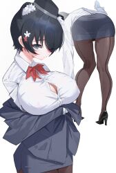 1girl absurdres akiak1 animal_ears ass bent_over black_hair black_hat black_panties black_pantyhose blue_archive bow bowtie breasts button_gap extra_ears formal_clothes from_behind garrison_cap hair_over_one_eye hat highres large_breasts looking_at_viewer multiple_views off_shoulder official_alternate_costume panties pantyhose pantylines raccoon_ears raccoon_girl red_bow red_bowtie see-through_clothes see-through_skirt skirt solo suit tour_guide tsubaki_(blue_archive) tsubaki_(guide)_(blue_archive) underwear