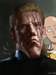 Rule 34 | 2boys, bad id, bad pixiv id, bald, black shirt, black sweater, blonde hair, blue eyes, close-up, goruditai, king (one-punch man), looking at viewer, male focus, manly, multiple boys, one-punch man, realistic, saitama (one-punch man), scar, scar across eye, scar on face, shirt, smile, sweater, turtleneck, upper body