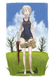 Rule 34 | 1girl, blue eyes, blue sky, breasts, cloud, collarbone, covered navel, day, elf, erica (naze1940), grass, gun, highres, holding, holding gun, holding weapon, md5 mismatch, medium breasts, one-piece swimsuit, open mouth, original, pointy ears, pouch, resolution mismatch, school swimsuit, short hair, silver hair, sky, solo, source larger, submachine gun, swimsuit, teeth, tongue, tongue out, tree, weapon, wet