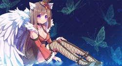 Rule 34 | 1girl, animal ear fluff, animal ears, black footwear, black thighhighs, blush, breasts, brown hair, brown hat, cat ears, cleavage, closed mouth, commentary request, detached sleeves, fishnet thighhighs, fishnets, full body, fur-trimmed skirt, fur-trimmed sleeves, fur trim, hat, highres, long hair, looking at viewer, medium breasts, official alternate costume, purple eyes, ragnarok online, red sleeves, red sports bra, sample watermark, shadow chaser (ragnarok online), shoes, sitting, skirt, smile, solo, sports bra, thighhighs, top hat, vixiq, watermark, white wings, wings