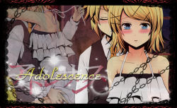 Rule 34 | 1boy, 1girl, adolescence (vocaloid), bare shoulders, blue eyes, blush, brother and sister, chain, closed eyes, dress, framed, frilled dress, frills, front to back, hair ornament, hairpin, hand on own hip, hip focus, incest, kagamine len, kagamine rin, kiss, necktie, shirt, siblings, sparkle, twincest, twins, undressing, untying, vest, vocaloid, white shirt, zasiki usagi (zasikiusa)