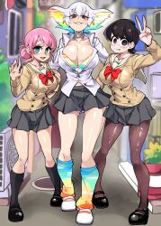 Rule 34 | 3girls, absurdres, arm up, black footwear, black hair, blurry, blurry background, bocchi the rock!, bongfill, bra, breasts, collarbone, collared shirt, commentary, crossover, dress shirt, english commentary, gotoh michiyo, grin, hands up, highres, kill la kill, kiryuuin ragyou, kneehighs, komi-san wa komyushou desu, komi shuuko, large breasts, legs apart, loafers, long sleeves, looking at viewer, mature female, miniskirt, multicolored bra, multicolored clothes, multicolored hair, multiple girls, open mouth, outdoors, panties, panty peek, pantyhose, pink hair, plant, pleated skirt, potted plant, rainbow hair, sailor collar, school uniform, shirt, shoes, skirt, smile, smug, socks, standing, swept bangs, teeth, thick eyebrows, thighs, tongue, tongue out, underwear, upper teeth only, v, v-shaped eyebrows, white footwear, white hair, white shirt