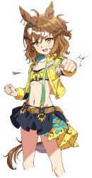 Rule 34 | 1girl, ahoge, animal ears, bandeau, belt, black skirt, braid, brown hair, clenched hand, collarbone, commentary request, commission, cropped legs, flat chest, hair ornament, half updo, highres, horse ears, horse girl, horse tail, jacket, jungle pocket (umamusume), korean commentary, long sleeves, looking at viewer, medium hair, midriff, miniskirt, navel, open clothes, open jacket, open mouth, punching, rock (arca live), simple background, skirt, smile, solo, stomach, strapless, suspenders, tail, thighs, tube top, umamusume, v-shaped eyebrows, white background, x hair ornament, yellow eyes, yellow jacket