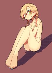 Rule 34 | 1girl, absurdres, barefoot, blonde hair, blush, braid, breasts, feet, female focus, green eyes, highres, nail polish, nude, ootorii bisetsu, original, red-framed eyewear, red background, simple background, small breasts, smile, solo, toe scrunch, toes, twin braids