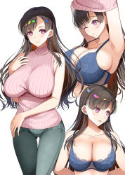 Rule 34 | 1girl, armpits, arms behind back, arms up, asahina hikage, black hair, blue bra, blush, bra, breasts, cleavage, collarbone, highres, impossible clothes, impossible sweater, large breasts, long hair, looking at viewer, mature female, mole, mole under eye, one eye closed, open mouth, original, pants, pink sweater, purple eyes, ribbed sweater, simple background, skindentation, sleeveless, sleeveless sweater, smile, solo, sweater, turtleneck, turtleneck sweater, underwear, undressing, white background