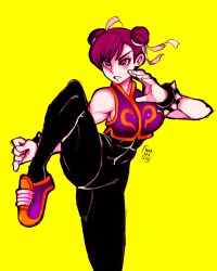 Rule 34 | 1girl, black bodysuit, bodysuit, bracelet, breasts, brown eyes, brown hair, capcom, chun-li, commentary, covered abs, cropped vest, double bun, fighting stance, hair bun, hair ribbon, highres, jewelry, medium breasts, ribbon, serious, shoes, signature, sneakers, solo, spiked bracelet, spikes, standing, standing on one leg, street fighter, street fighter zero (series), sweatdrop, toned, v-shaped eyebrows, vest, widisu, yellow background