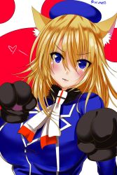 Rule 34 | 10s, 1girl, animal ears, animal hands, ar (lover boy), atago (kancolle), blonde hair, blue eyes, blush, breasts, cat ears, cat paws, hat, heart, highres, kantai collection, kemonomimi mode, large breasts, paw pose, solo, uniform