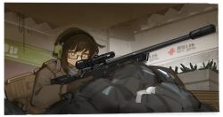 Rule 34 | 1girl, bag, bright pupils, brown gloves, brown hair, escape from tarkov, glasses, gloves, grey eyes, gun, headset, highres, indoors, mall, rifle, scope, short hair, sign, sketch, sniper rifle, solo, suppressor, trash bag, weapon, weapon request, white pupils, xerbatt