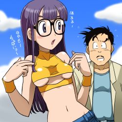 Rule 34 | 1boy, 1girl, aged up, bare shoulders, black hair, blush, breasts, breasts apart, clothing cutout, cloud, crop top, denim, dr. slump, eye contact, facial hair, father and daughter, flying sweatdrops, glasses, jacket, jeans, long hair, looking at another, medium breasts, midriff, mustache, navel, no bra, norimaki arale, norimaki senbei, open mouth, outdoors, pants, pun, purple eyes, purple hair, raised eyebrow, shirt, short hair, sky, sleeveless, sleeveless shirt, sleeveless turtleneck, takaya n, taut clothes, taut shirt, torn clothes, translated, turtleneck, underboob, underboob cutout, upper body, wristband, yellow shirt, yellow wristband