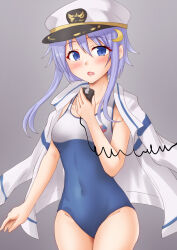 Rule 34 | 1girl, anti (untea9), blush, breasts, competition school swimsuit, crescent, crescent hair ornament, crescent pin, gradient background, grey background, hair ornament, hat, high school fleet, highres, jacket, kantai collection, looking at viewer, open mouth, peaked cap, purple eyes, purple hair, school swimsuit, short hair, short hair with long locks, small breasts, swimsuit, two-tone swimsuit, yayoi (kancolle)