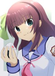 Rule 34 | 1girl, :t, angel beats!, black hairband, blue sailor collar, blunt bangs, blush, border, bow, closed mouth, commentary request, eating, eyes visible through hair, food, food on face, green background, green bow, green eyes, hair bow, hairband, hand up, happy, highres, holding, holding food, lelie (lelie link), long sleeves, looking at viewer, medium hair, nakamura yuri, neckerchief, onigiri, pink neckerchief, purple hair, rice, rice on face, sailor collar, shinda sekai sensen uniform, shirt, sidelocks, simple background, smile, solo, split mouth, upper body, white border, white shirt