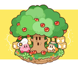 Rule 34 | :d, apple, apron, blue eyes, blush, blush stickers, brown apron, brown eyes, chef hat, commentary request, flower, food, fruit, grass, green headwear, hat, kirby, kirby (series), kirby cafe, midoriko (tuhd4735), nintendo, no humans, open mouth, pink flower, plant, simple background, smile, standing, star (symbol), star block, sweatdrop, tree, two-tone background, waddle dee, whispy woods, white background, white headwear, yellow background, yellow flower