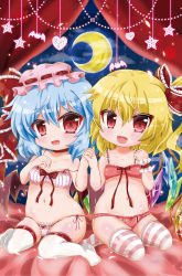 Rule 34 | 2girls, :d, bad id, bad pixiv id, bed, blonde hair, blue hair, blush, bow, bra, breasts, collarbone, crescent moon, fang, flandre scarlet, hair bow, hair ribbon, holding hands, hat, highres, looking at viewer, mob cap, moon, multiple girls, navel, noai nioshi, open mouth, panties, red eyes, remilia scarlet, ribbon, seiza, short hair, side-tie panties, side ponytail, sitting, small breasts, smile, touhou, underwear, underwear only, wariza