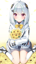 Rule 34 | 1girl, admi (nikke), ahoge, bow, closed mouth, collared shirt, commentary request, drawstring, flower, goddess of victory: nikke, grey hair, grey skirt, hair between eyes, highres, hood, hood down, hooded jacket, jacket, long sleeves, looking at viewer, hugging object, ominaeshi (takenoko), open clothes, open jacket, petals, plaid, plaid skirt, pleated skirt, puffy long sleeves, puffy sleeves, red eyes, shirt, shoes, sitting, skirt, sleeves past wrists, smile, socks, solo, wariza, white background, white footwear, white jacket, white shirt, white socks, yellow bow, yellow flower