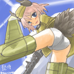 Rule 34 | &gt;:d, 1girl, :d, ass, bird tail, blue eyes, blue sky, blush, day, fang, flying, from below, garrison cap, goggles, goggles around neck, gun, hat, head wings, higezamurai (kurage gunsou), looking back, military, military uniform, msgtkurage, open mouth, panties, pink hair, raisa pottgen, short hair, sky, smile, solo, strike witches, striker unit, sun, tail, twitter username, underwear, uniform, v-shaped eyebrows, weapon, white panties, wings, witches of africa, world witches series