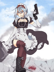 Rule 34 | 1girl, accelerator (toaru majutsu no index), albino, angry, apron, arm up, asymmetrical gloves, black dress, black footwear, blood, blood splatter, boots, briefcase, choker, cloud, cloudy sky, collarbone, colored skin, cross-laced footwear, dress, elbow gloves, frilled choker, frills, garter straps, genderswap, genderswap (mtf), gloves, grimace, gun, handgun, holding, holding briefcase, holding gun, holding weapon, lace-up boots, leg up, maid, maid apron, maid headdress, mismatched gloves, pale skin, pepo peropero, puffy short sleeves, puffy sleeves, red eyes, red thighhighs, rock, short sleeves, sky, solo, standing, suzushina yuriko, thighhighs, toaru majutsu no index, waist apron, weapon, white gloves, white hair, white skin