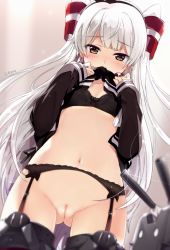Rule 34 | 10s, 1girl, amatsukaze (kancolle), blush, bra, cleft of venus, dress, dutch angle, garter straps, hair between eyes, hair ornament, hair tubes, kantai collection, long hair, navel, ogipote, pussy, sailor dress, silver hair, solo, thigh gap, thighhighs, two side up, uncensored, underwear, very long hair, yellow eyes