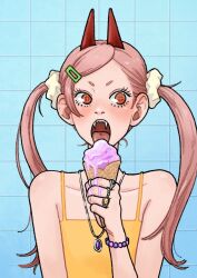 Rule 34 | 1girl, bead bracelet, beads, bracelet, camisole, chainsaw man, commentary request, cross-shaped pupils, eyelashes, fangs, food, gem, hair ornament, hair scrunchie, heureoreo, holding, holding food, holding ice cream, holding ice cream cone, horns, ice cream, ice cream cone, jewelry, korean commentary, long hair, melting, multiple rings, necklace, open mouth, pink hair, power (chainsaw man), red eyes, red horns, ring, scrunchie, short eyebrows, solo, symbol-shaped pupils, tile wall, tiles, tongue, tongue out, twintails, yellow camisole