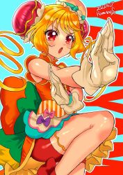 Rule 34 | blonde hair, chinese clothes, cure yum-yum, delicious party precure, dress, fighting, frilled dress, frills, gloves, hanamichi ran, highres, precure, red eyes, ribbon, satou ramune, shorts, twintails