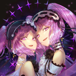 Rule 34 | 2girls, bare shoulders, breasts, choker, dress, earrings, emoillu, euryale (fate), fate/hollow ataraxia, fate (series), frilled hairband, frills, hairband, jewelry, long hair, looking at viewer, multiple girls, necklace, off-shoulder dress, off shoulder, open mouth, parted bangs, pearl necklace, purple eyes, purple hair, siblings, sisters, small breasts, smile, sparkle, stheno (fate), twins, twintails, white dress