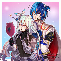Rule 34 | 2boys, alear (fire emblem), alear (male) (fire emblem), blue eyes, blue hair, blush, brushing another&#039;s hair, brushing hair, cape, fire emblem, fire emblem engage, gzei, hair brush, hairdressing, hand mirror, heart, heterochromia, highres, looking at mirror, mirror, multicolored hair, multiple boys, nintendo, one eye closed, red eyes, rosado (fire emblem), smile, trap, two-tone hair, upper body
