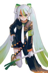 Rule 34 | 1girl, armband, black shorts, closed mouth, creatures (company), eyes visible through hair, fighting miku (project voltage), food, game freak, gloves, green armband, green footwear, hair between eyes, hand on own hip, hatsune miku, highres, holding, holding food, holding spring onion, holding vegetable, inu dakisime, kneeling, light green hair, long hair, long sleeves, looking at viewer, multicolored hair, necktie, nintendo, orange hair, paperclip, pokemon, project voltage, shorts, simple background, smile, solo, spring onion, streaked hair, thighhighs, twintails, vegetable, very long hair, vocaloid, white background, white gloves, white hair, white necktie, white thighhighs, yellow eyes, zettai ryouiki