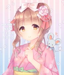 Rule 34 | 1girl, animal, animal on shoulder, bow, braid, brown eyes, brown hair, caramel (caramelmilk), chinese zodiac, closed mouth, commentary request, floral background, floral print, flower, green bow, hair bow, hair flower, hair ornament, hand up, happy new year, heart, heart tail, japanese clothes, kimono, long hair, long sleeves, mouse (animal), new year, obi, original, pink flower, pink kimono, print kimono, red bow, sash, smile, solo, striped, striped background, tail, upper body, vertical stripes, white bow, wide sleeves, year of the rat