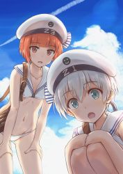Rule 34 | 10s, 2girls, aqua eyes, beret, bikini, blue sky, blunt bangs, cloud, contrail, day, flat chest, hair between eyes, hands on own knees, hands on own thighs, hat, kantai collection, looking at viewer, multiple girls, navel, open mouth, raguro, red eyes, red hair, sailor bikini, sailor collar, short hair, sky, swimsuit, white bikini, white hair, white hat, z1 leberecht maass (kancolle), z3 max schultz (kancolle)