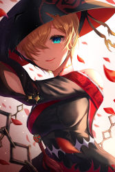 Rule 34 | 1girl, bad id, bad pixiv id, bare shoulders, black dress, black hat, blonde hair, blue eyes, breasts, commentary, dress, elsword, gongha, hair over one eye, hat, highres, large breasts, leaf, looking at viewer, rose (elsword), scar, short hair, solo, torn clothes, torn hat