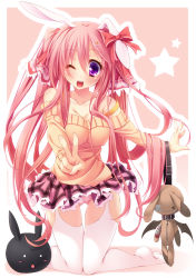 Rule 34 | 1girl, ;d, animal ears, bare shoulders, breasts, rabbit ears, highres, large breasts, long hair, no bra, one eye closed, open mouth, original, pink hair, plaid, plaid skirt, purple eyes, skirt, smile, solo, star (symbol), stuffed toy, sweater, twintails, v, wink, yayoi and nagi
