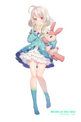 Rule 34 | 1girl, bad id, bad twitter id, blue socks, blush, bow, closed mouth, collarbone, full body, green bow, highres, holding, holding stuffed toy, kneehighs, lino chang, long sleeves, looking at viewer, medium hair, original, red eyes, socks, solo, stuffed animal, stuffed toy, white hair