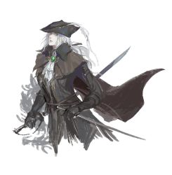 Rule 34 | 1girl, ascot, bloodborne, cape, coat, double-blade, gem, gloves, hat, hat feather, highres, holding, holding sword, holding weapon, jewelry, lady maria of the astral clocktower, long hair, looking at viewer, open mouth, pilgrim (silentreverie), ponytail, rakuyo (bloodborne), simple background, solo, sword, the old hunters, tricorne, weapon, white background, white hair