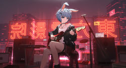 Rule 34 | 1girl, absurdres, animal ear fluff, animal ears, bare shoulders, black choker, black footwear, black jacket, black socks, blue eyes, blue hair, blush, boots, breasts, brown skirt, building, choker, closed mouth, collarbone, commentary request, computer, drum, drum set, electric guitar, even (even yiwen), feet out of frame, guitar, hair ornament, highres, holding, holding instrument, instrument, jacket, keyboard (instrument), laptop, long sleeves, looking at viewer, neon lights, night, open clothes, open jacket, original, outdoors, pleated skirt, puffy long sleeves, puffy sleeves, rabbit ears, rooftop, short hair, sitting, skirt, skyscraper, small breasts, smile, socks, solo, speaker, tank top, thigh strap, translation request, white tank top, x hair ornament, youtube