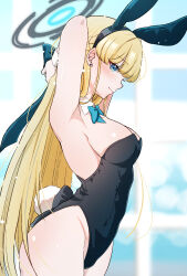 Rule 34 | 1girl, armpits, arms up, blonde hair, blue archive, bow, bowtie, breasts, detached collar, ear piercing, from side, hair bow, halo, highleg, highleg leotard, highres, leotard, long hair, medium breasts, piercing, playboy bunny, rabbit tail, sideboob, solo, tail, toki (blue archive), toki (bunny) (blue archive), utenkekkou02, very long hair, wrist cuffs