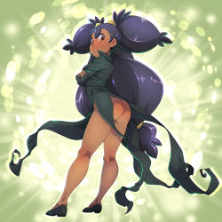 Rule 34 | 1girl, absurdres, ass, big hair, black hair, cosplay, creatures (company), crossed arms, dark-skinned female, dark skin, dress, female focus, floating hair, from side, full body, game freak, gradient background, green background, green dress, hair between eyes, hair ornament, highres, iris (pokemon), light rays, long hair, looking at viewer, low-tied long hair, nintendo, one-punch man, orange eyes, pokemon, pokemon bw, shoes, side slit, solo, tatsumaki, tatsumaki (cosplay), teeth, tlacuicani, twintails, very long hair, voice actor connection, yuuki aoi
