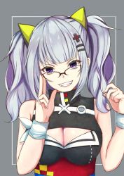 Rule 34 | 1girl, bespectacled, black-framed eyewear, breasts, cleavage cutout, clenched teeth, clothing cutout, commentary request, glasses, grey background, hair ornament, highres, kaguya luna, looking at viewer, nurumaru yu, obi, purple eyes, ribbon, sash, short hair, silver hair, sleeveless, smile, solo, teeth, the moon studio, twintails, upper body, virtual youtuber, white ribbon, wrist ribbon, x hair ornament