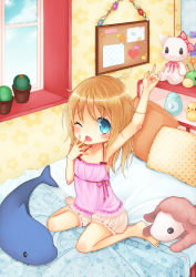 Rule 34 | 1girl, arm up, armpits, bad id, bad pixiv id, barefoot, bed, bloomers, blue eyes, blush, brown hair, cactus, camisole, clock, highres, indoors, long hair, one eye closed, open mouth, original, pillow, plant, sitting, sleepy, solo, stretching, stuffed toy, underwear, window, xenon (simlacurm), yawning