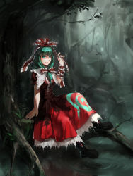 Rule 34 | 1girl, boots, bow, carrot (carrotsgame), forest, front ponytail, green eyes, green hair, hair bow, highres, kagiyama hina, looking at viewer, matching hair/eyes, nature, puffy short sleeves, puffy sleeves, red eyes, ribbon, short sleeves, sitting, smile, solo, touhou, wrist ribbon