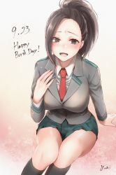 Rule 34 | 10s, 1girl, arm support, black hair, black socks, blush, boku no hero academia, breasts, collared shirt, dated, eyes visible through hair, gradient background, green eyes, grey background, grey blazer, hand on own chest, happy birthday, highres, kneehighs, large breasts, legs together, long hair, long sleeves, looking at viewer, necktie, open mouth, pleated skirt, ponytail, red necktie, sakiryo kanna, school uniform, shirt, signature, simple background, sitting, skirt, socks, solo, tearing up, teeth, u.a. school uniform, white shirt, yaoyorozu momo